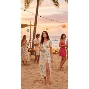 Billabong Jet Set Floral Dress Small Midi Flutter Sleeve Side Slit Soft Girl Boy